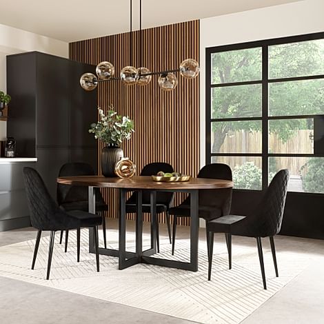 Newbury Oval Industrial Dining Table & 4 Ricco Chairs, Walnut Effect & Black Steel, Black Classic Velvet, 180cm