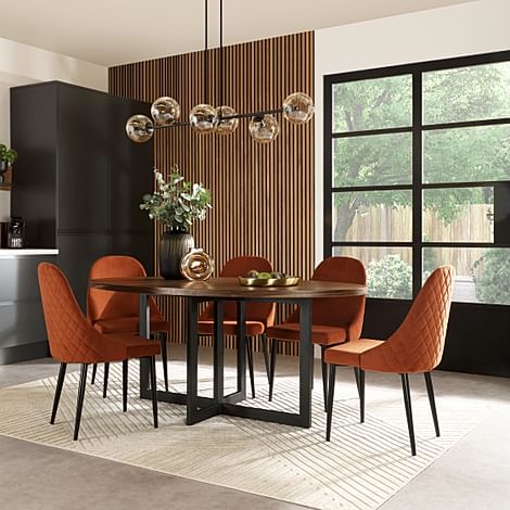 Newbury Oval Industrial Dining Table & 4 Ricco Chairs, Walnut Effect & Black Steel, Burnt Orange Classic Velvet, 180cm