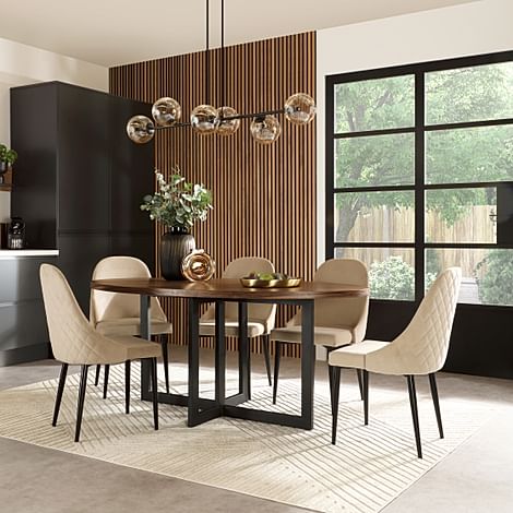 Newbury Oval Industrial Dining Table & 4 Ricco Chairs, Walnut Effect & Black Steel, Champagne Classic Velvet, 180cm