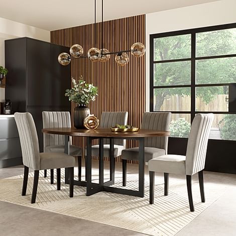 Newbury Oval Industrial Dining Table & 6 Salisbury Chairs, Walnut Effect & Black Steel, Grey Classic Velvet & Black Solid Hardwood, 180cm