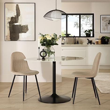 Orbit Round Dining Table & 2 Brooklyn Dining Chairs, White Marble Effect & Black Steel, Champagne Classic Velvet, 110cm