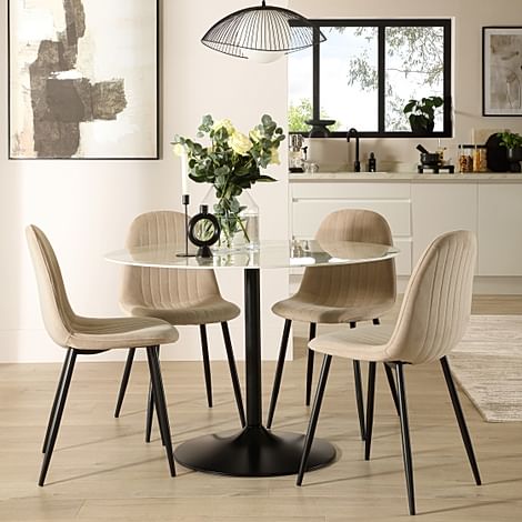 Orbit Round Dining Table & 4 Brooklyn Dining Chairs, White Marble Effect & Black Steel, Champagne Classic Velvet, 110cm