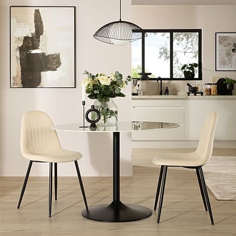 Orbit Round Dining Table & 2 Brooklyn Dining Chairs, White Marble Effect & Black Steel, Ivory Classic Plush Fabric, 110cm