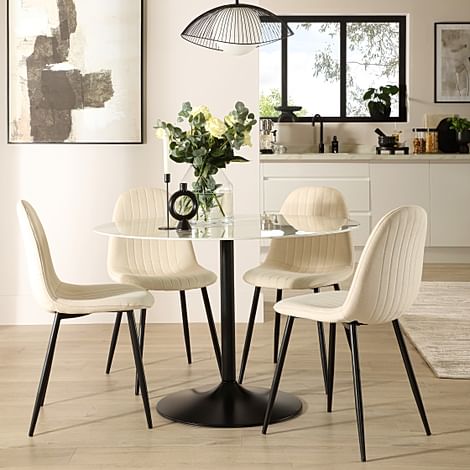 Orbit Round Dining Table & 4 Brooklyn Dining Chairs, White Marble Effect & Black Steel, Ivory Classic Plush Fabric, 110cm
