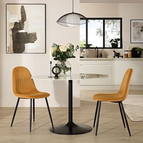 Orbit Round Dining Table & 2 Brooklyn Dining Chairs, White Marble Effect & Black Steel, Mustard Classic Velvet, 110cm