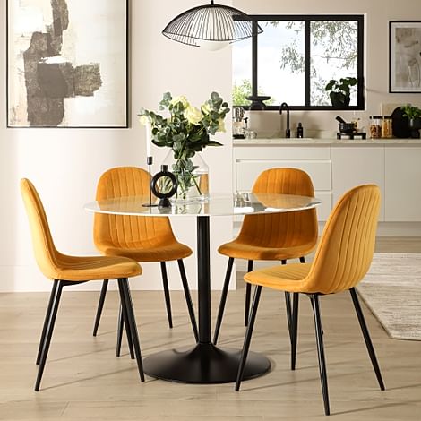 Orbit Round Dining Table & 4 Brooklyn Dining Chairs, White Marble Effect & Black Steel, Mustard Classic Velvet, 110cm