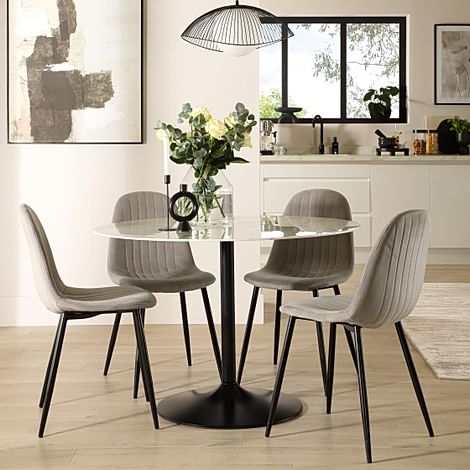 Orbit Round Dining Table & 4 Brooklyn Dining Chairs, White Marble Effect & Black Steel, Grey Classic Velvet, 110cm