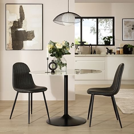 Orbit Round Dining Table & 2 Brooklyn Dining Chairs, White Marble Effect & Black Steel, Vintage Grey Classic Faux Leather, 110cm