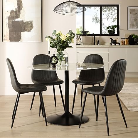 Orbit Round Dining Table & 4 Brooklyn Dining Chairs, White Marble Effect & Black Steel, Vintage Grey Classic Faux Leather, 110cm