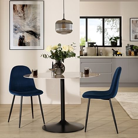 Orbit Round Dining Table & 2 Brooklyn Dining Chairs, Grey Marble Effect & Black Steel, Blue Classic Velvet, 110cm