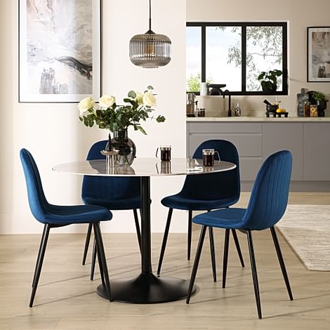 Orbit Round Dining Table & 4 Brooklyn Dining Chairs, Grey Marble Effect & Black Steel, Blue Classic Velvet, 110cm