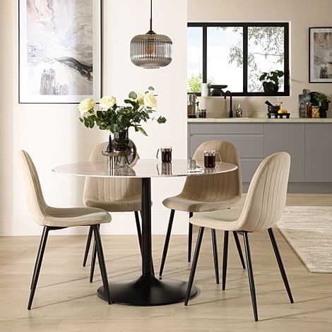Orbit Round Dining Table & 4 Brooklyn Dining Chairs, Grey Marble Effect & Black Steel, Champagne Classic Velvet, 110cm