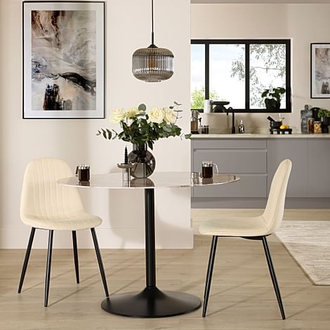 Orbit Round Dining Table & 2 Brooklyn Dining Chairs, Grey Marble Effect & Black Steel, Ivory Classic Plush Fabric, 110cm