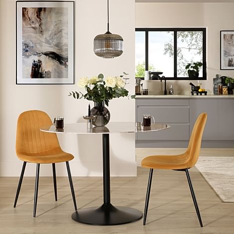 Orbit Round Dining Table & 2 Brooklyn Dining Chairs, Grey Marble Effect & Black Steel, Mustard Classic Velvet, 110cm