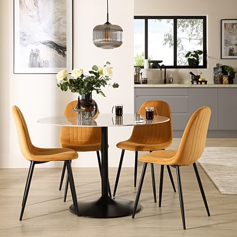Orbit Round Dining Table & 4 Brooklyn Dining Chairs, Grey Marble Effect & Black Steel, Mustard Classic Velvet, 110cm