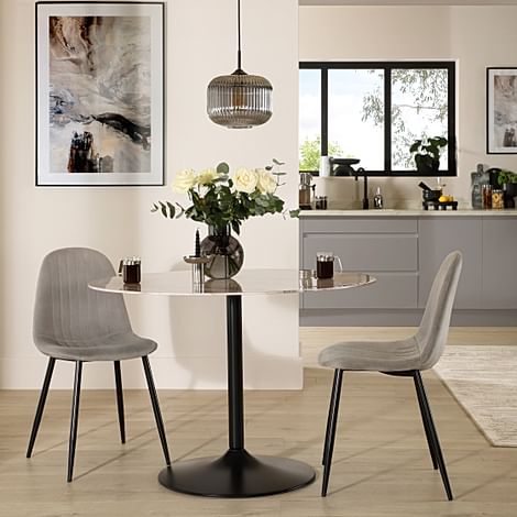 Orbit Round Dining Table & 2 Brooklyn Dining Chairs, Grey Marble Effect & Black Steel, Grey Classic Velvet, 110cm