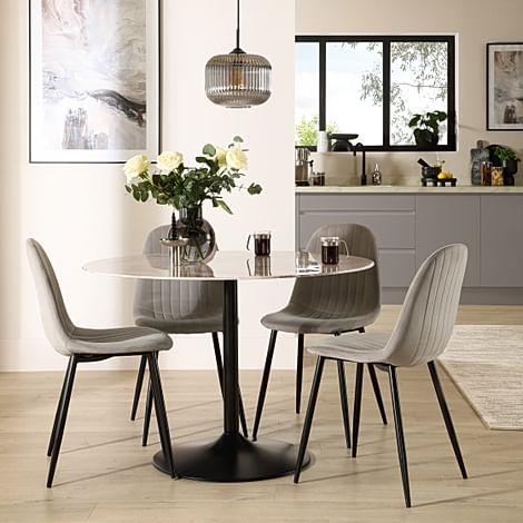 Orbit Round Dining Table & 4 Brooklyn Dining Chairs, Grey Marble Effect & Black Steel, Grey Classic Velvet, 110cm