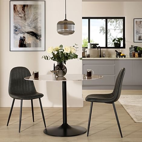 Orbit Round Dining Table & 2 Brooklyn Dining Chairs, Grey Marble Effect & Black Steel, Vintage Grey Classic Faux Leather, 110cm