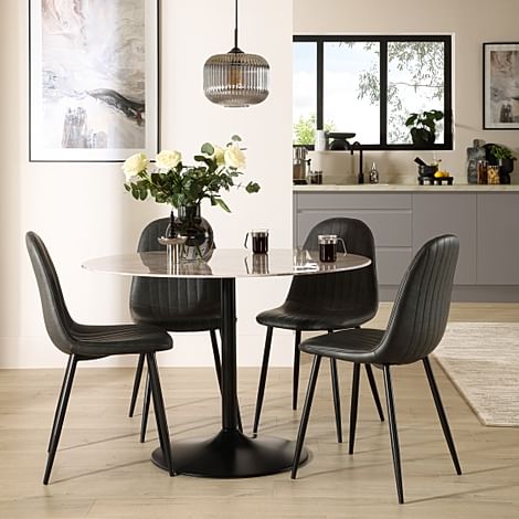 Orbit Round Dining Table & 4 Brooklyn Dining Chairs, Grey Marble Effect & Black Steel, Vintage Grey Classic Faux Leather, 110cm