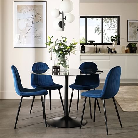 Orbit Round Dining Table & 4 Brooklyn Dining Chairs, Black Marble Effect & Black Steel, Blue Classic Velvet, 110cm