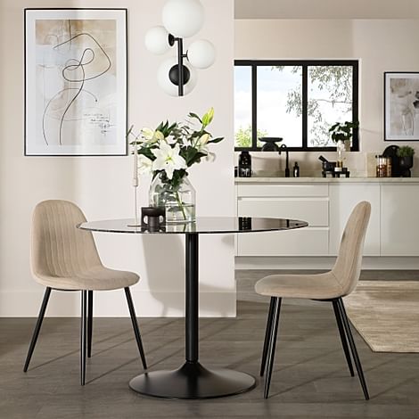 Orbit Round Dining Table & 2 Brooklyn Dining Chairs, Black Marble Effect & Black Steel, Champagne Classic Velvet, 110cm