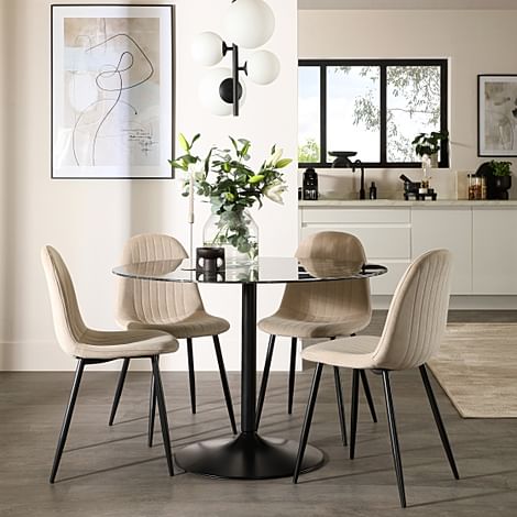 Orbit Round Dining Table & 4 Brooklyn Dining Chairs, Black Marble Effect & Black Steel, Champagne Classic Velvet, 110cm