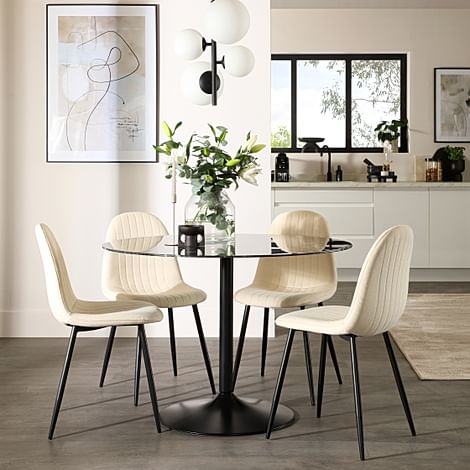 Orbit Round Dining Table & 4 Brooklyn Dining Chairs, Black Marble Effect & Black Steel, Ivory Classic Plush Fabric, 110cm