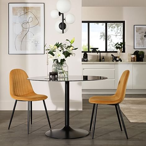 Orbit Round Dining Table & 2 Brooklyn Dining Chairs, Black Marble Effect & Black Steel, Mustard Classic Velvet, 110cm