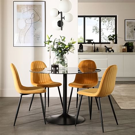 Orbit Round Dining Table & 4 Brooklyn Dining Chairs, Black Marble Effect & Black Steel, Mustard Classic Velvet, 110cm