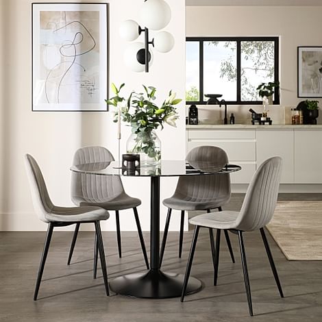 Orbit Round Dining Table & 4 Brooklyn Dining Chairs, Black Marble Effect & Black Steel, Grey Classic Velvet, 110cm