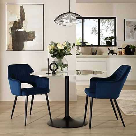 Orbit Round Dining Table & 2 Clara Dining Chairs, White Marble Effect & Black Steel, Blue Classic Velvet, 110cm