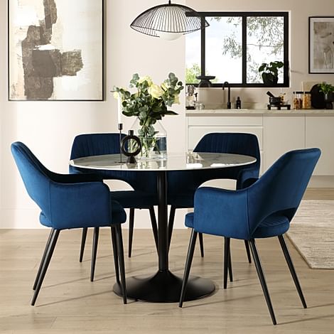 Orbit Round Dining Table & 4 Clara Dining Chairs, White Marble Effect & Black Steel, Blue Classic Velvet, 110cm