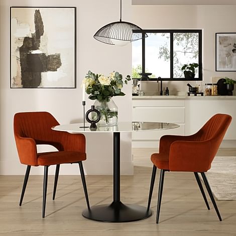 Orbit Round Dining Table & 2 Clara Dining Chairs, White Marble Effect & Black Steel, Burnt Orange Classic Velvet, 110cm
