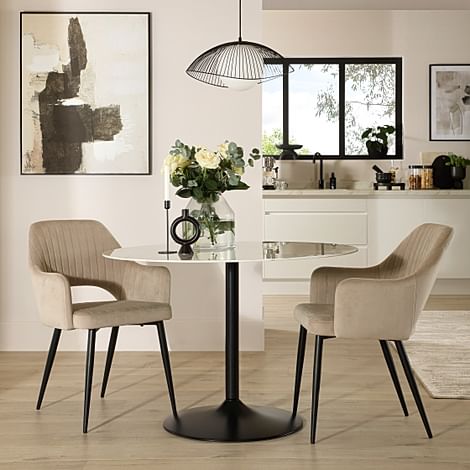 Orbit Round Dining Table & 2 Clara Dining Chairs, White Marble Effect & Black Steel, Champagne Classic Velvet, 110cm