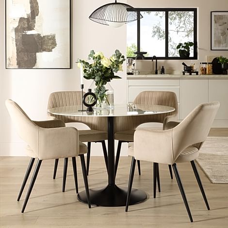 Orbit Round Dining Table & 4 Clara Dining Chairs, White Marble Effect & Black Steel, Champagne Classic Velvet, 110cm