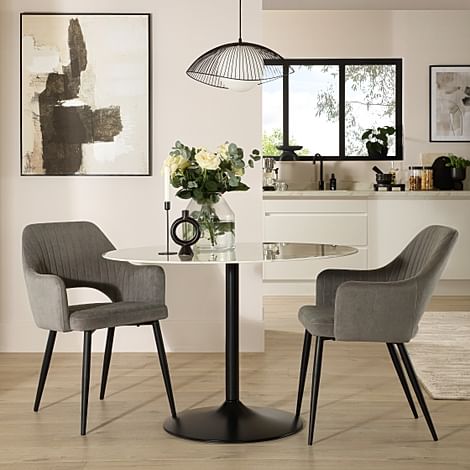 Orbit Round Dining Table & 2 Clara Dining Chairs, White Marble Effect & Black Steel, Grey Classic Velvet, 110cm