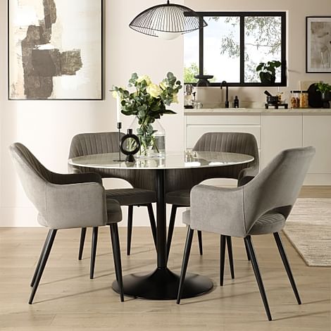 Orbit Round Dining Table & 4 Clara Dining Chairs, White Marble Effect & Black Steel, Grey Classic Velvet, 110cm
