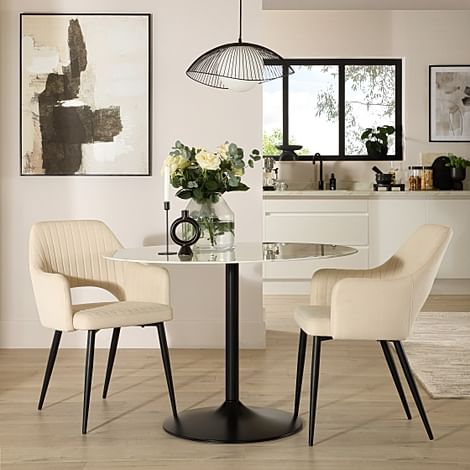 Orbit Round Dining Table & 2 Clara Dining Chairs, White Marble Effect & Black Steel, Ivory Classic Plush Fabric, 110cm