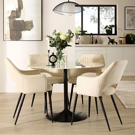Orbit Round Dining Table & 4 Clara Dining Chairs, White Marble Effect & Black Steel, Ivory Classic Plush Fabric, 110cm