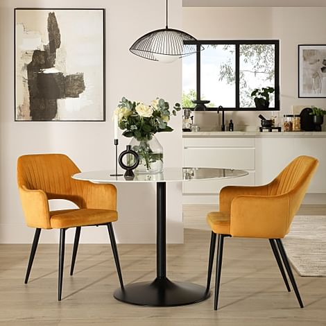 Orbit Round Dining Table & 2 Clara Dining Chairs, White Marble Effect & Black Steel, Mustard Classic Velvet, 110cm