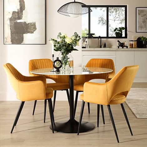 Orbit Round Dining Table & 4 Clara Dining Chairs, White Marble Effect & Black Steel, Mustard Classic Velvet, 110cm