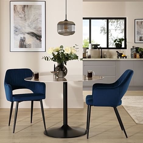 Orbit Round Dining Table & 2 Clara Dining Chairs, Grey Marble Effect & Black Steel, Blue Classic Velvet, 110cm