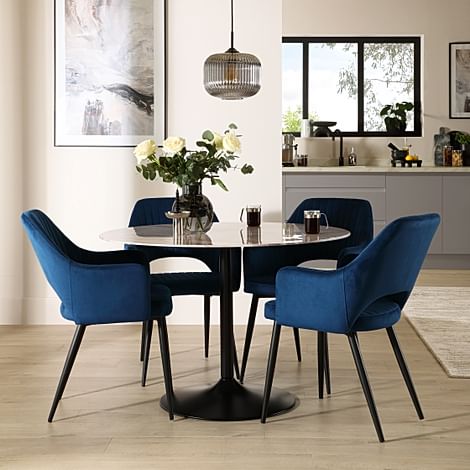 Orbit Round Dining Table & 4 Clara Dining Chairs, Grey Marble Effect & Black Steel, Blue Classic Velvet, 110cm