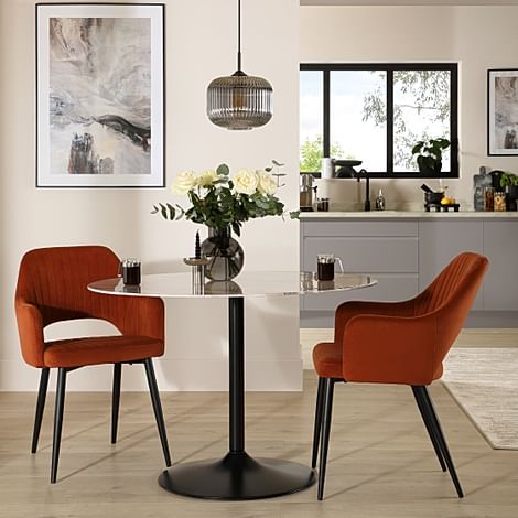 Orbit Round Dining Table & 2 Clara Dining Chairs, Grey Marble Effect & Black Steel, Burnt Orange Classic Velvet, 110cm