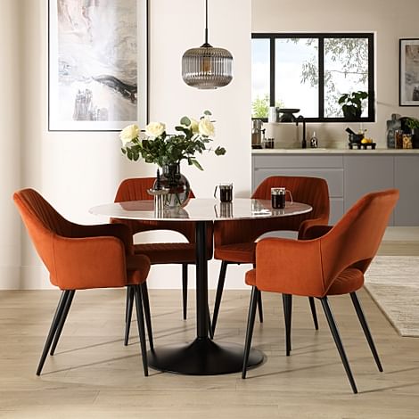 Orbit Round Dining Table & 4 Clara Dining Chairs, Grey Marble Effect & Black Steel, Burnt Orange Classic Velvet, 110cm