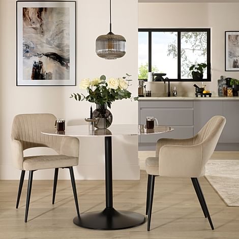 Orbit Round Dining Table & 2 Clara Dining Chairs, Grey Marble Effect & Black Steel, Champagne Classic Velvet, 110cm