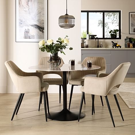 Orbit Round Dining Table & 4 Clara Dining Chairs, Grey Marble Effect & Black Steel, Champagne Classic Velvet, 110cm