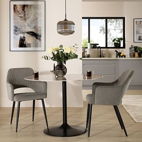 Orbit Round Dining Table & 2 Clara Dining Chairs, Grey Marble Effect & Black Steel, Grey Classic Velvet, 110cm