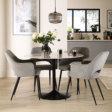 Orbit Round Dining Table & 4 Clara Dining Chairs, Grey Marble Effect & Black Steel, Grey Classic Velvet, 110cm