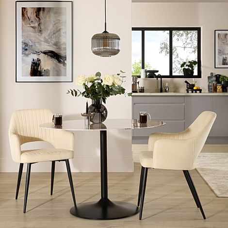 Orbit Round Dining Table & 2 Clara Dining Chairs, Grey Marble Effect & Black Steel, Ivory Classic Plush Fabric, 110cm